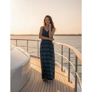 Women's Faded Glory Navy Teal Striped Maxi Dress 2X Resort Coastal Vacation Euro